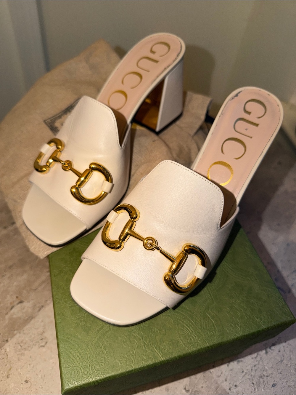Gucci White Leather Gold Horsebit Block Heel Mules 7-1/2